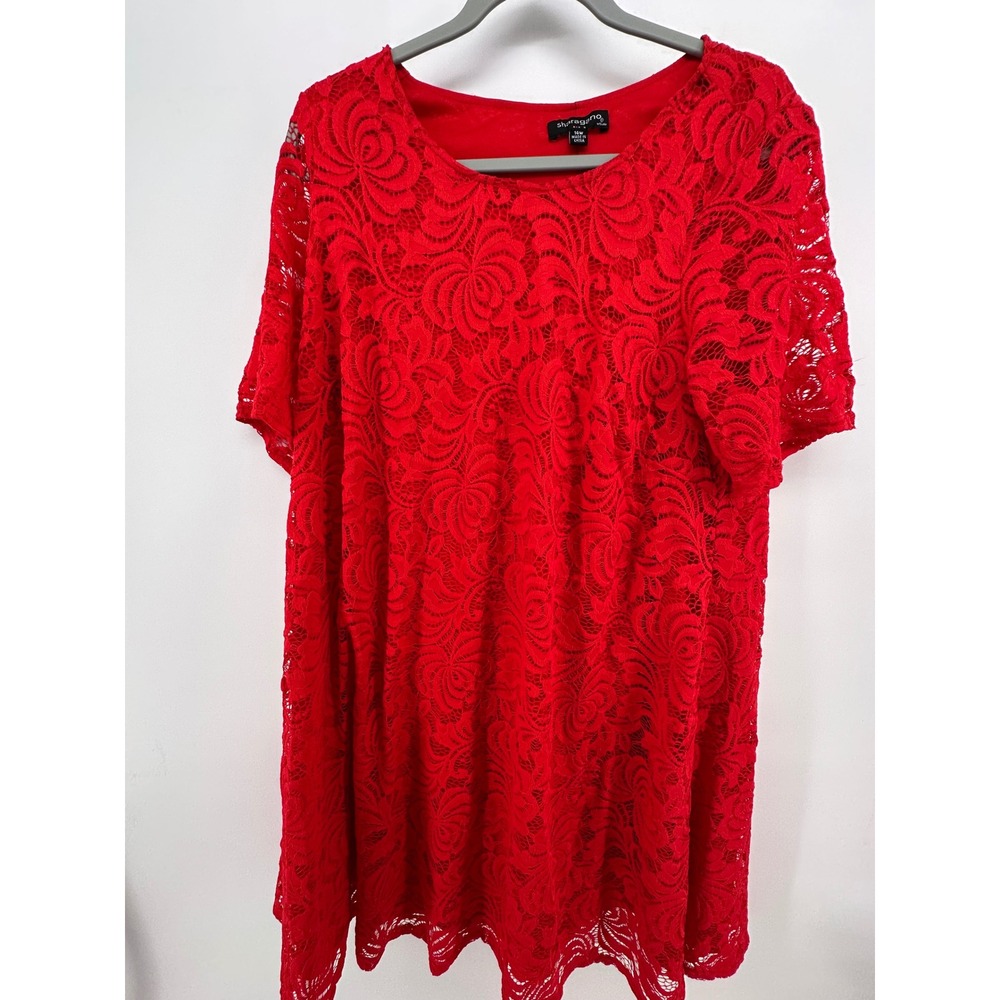 Sharagano Women Red Floral Lace Shift Dress Short Sleev Plus Size 14W Round Neck